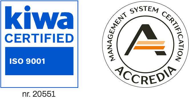 Certificazione di qualità ISO 9001:2015 Marchi Kiwa Certified ISO 9001 e Accredia per la certificazione del sistema di gestione